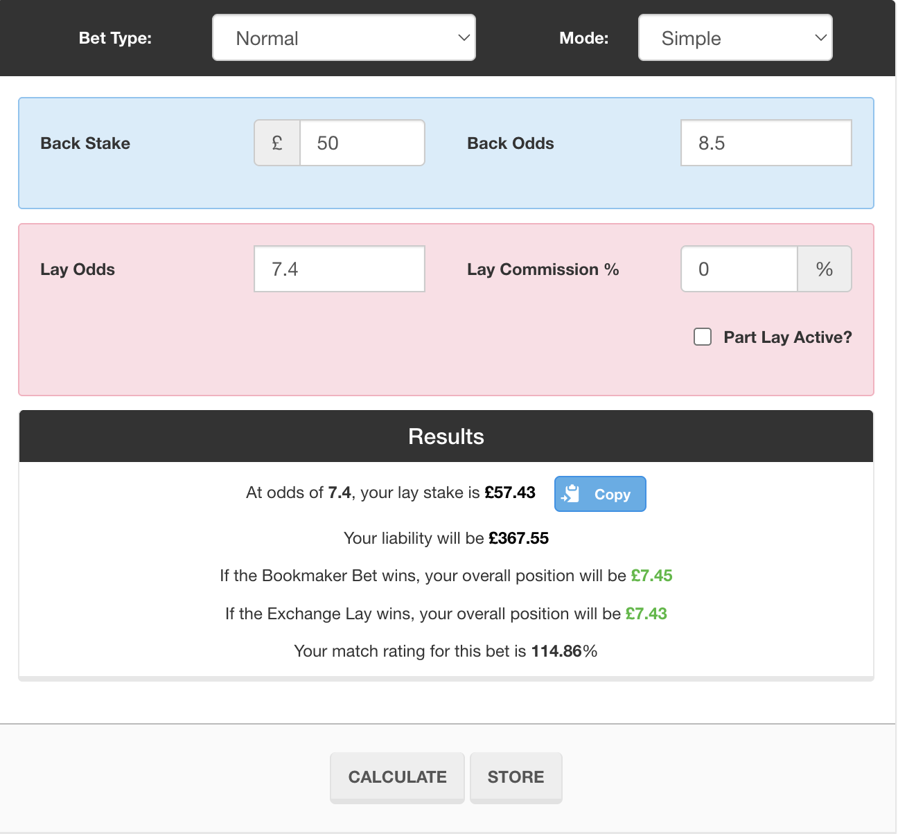 Matched Betting calculator showing the results for a £50 arbitrage bet on the above selections, creating a profit of £7.43